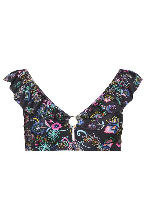 Yours Plus Size Black Paisley Print Frill Bikini Top Yours Clothing