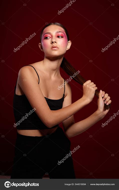 Sexy Brunette Woman Posing Bright Makeup Fashion Charm Isolated Background Unaltered Stock Photo