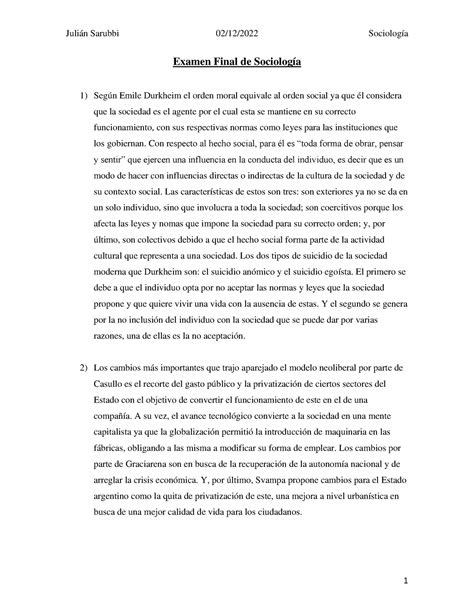 Final Socio Julián Sarubbi 02 12 2022 Sociología 1 Examen Final de