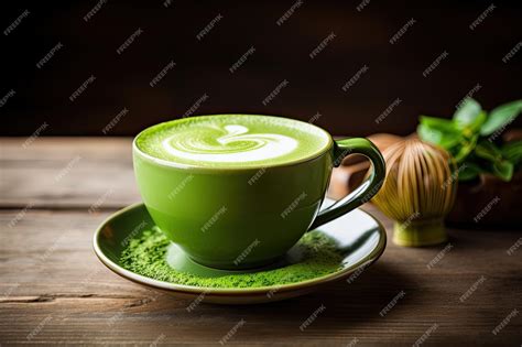 Premium Photo Matcha Latte And Powder On Wooden Table