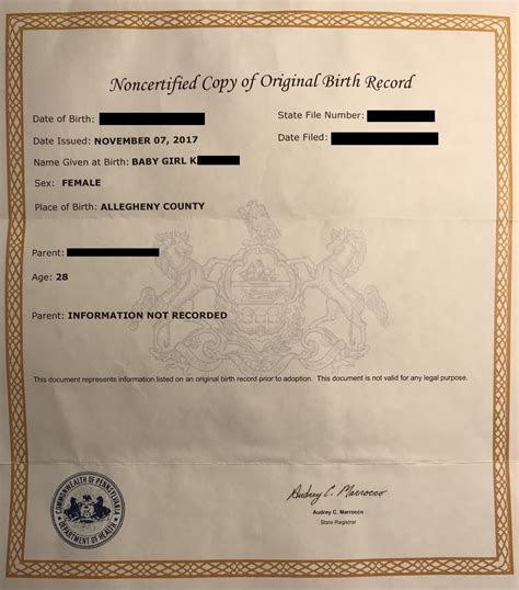 Blank Pennsylvania Birth Certificate
