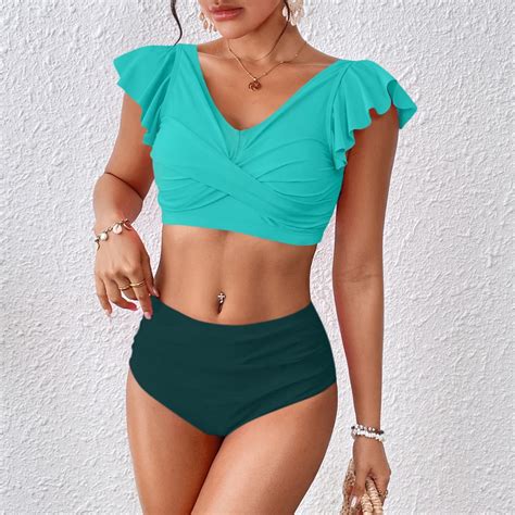Bsdjilfg Piece Swimsuits For Women Ruffle Cap Sleeve Push Up Bikini Top With High Cut Cheeky