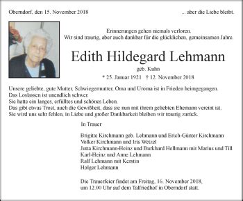 Traueranzeigen Von Edith Hildegard Lehmann Schwarzw Lder Bote Trauer