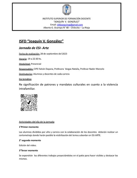 Proyecto ESI ARTE Cronograma Si Pdf INSTITUTO SUPERIOR DE FORMACIN