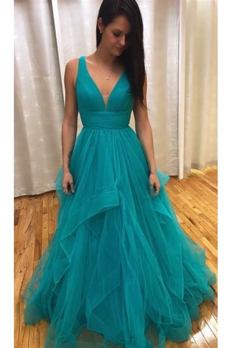 A Line Tulle V Neck Long Prom Dresses Formal Evening Gowns 6011053