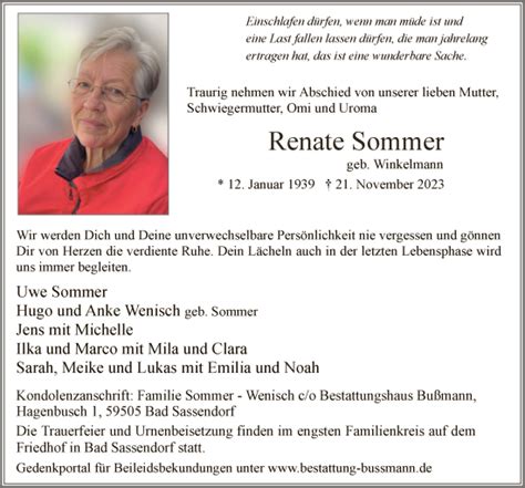 Traueranzeigen Von Renate Sommer Trauer Nrw