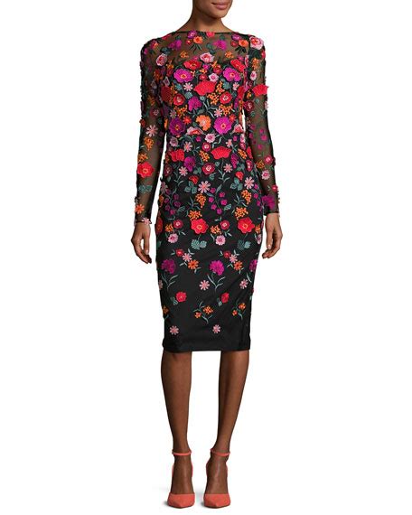 Lela Rose Floral Embroidered Long Sleeve Dress Multi