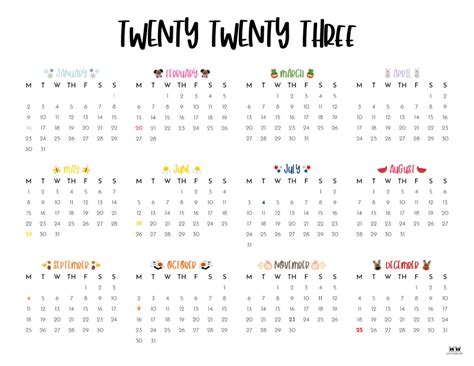 2023 Calendar Printable Cute Free 2023 Yearly Calendar, 48% OFF