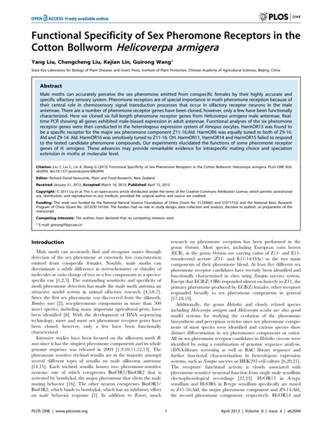PDF Functional Specificity Of Sex Pheromone Receptors In The Cotton Bollworm Helicoverpa Armigera