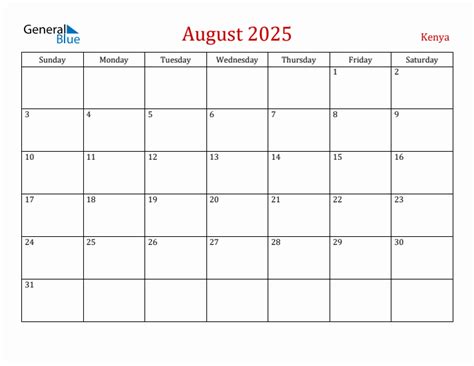 August 2025 Monthly Calendar with Kenya Holidays