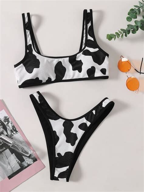 Cow Print High Cut Bikini Swimsuit Shein Eur