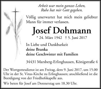 Traueranzeigen Von Josef Dohmann Trauer In Nrw De