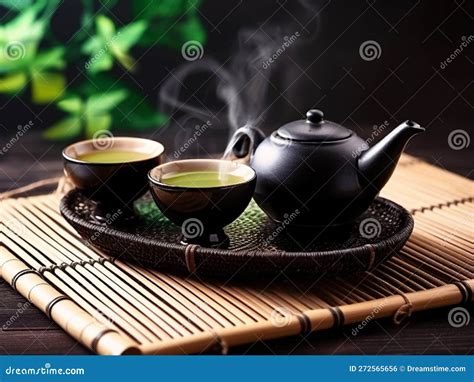 Asian Tea Set Japanese Teapot And Cups On Bamboo Mat Generative Ai Hot Tea In Pot And Teacups