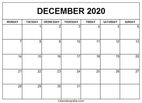 Printable December 2020 Calendar Template Chrismas Holiday 2020
