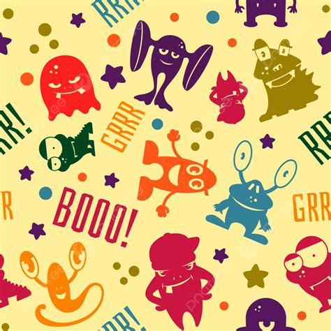 Seamless Pattern With Cute Cartoon Monsters Background Happy Cartoon