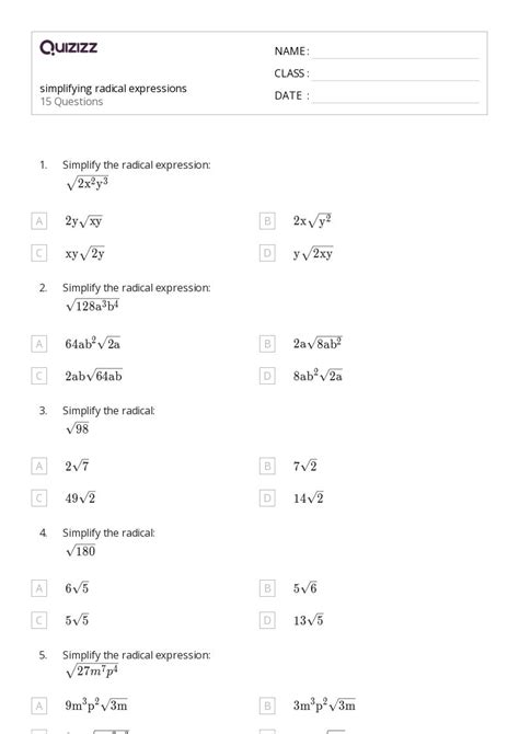 Dividing Radical Expressions Worksheet For 9th 11th Grade