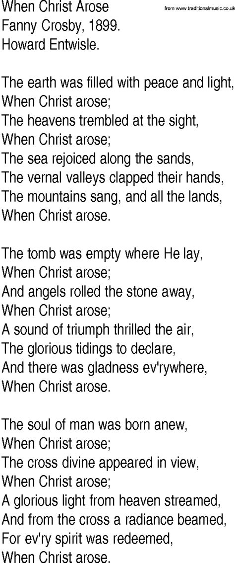 Hymn And Gospel Song Lyrics For When Christ Arose By Fanny Crosby