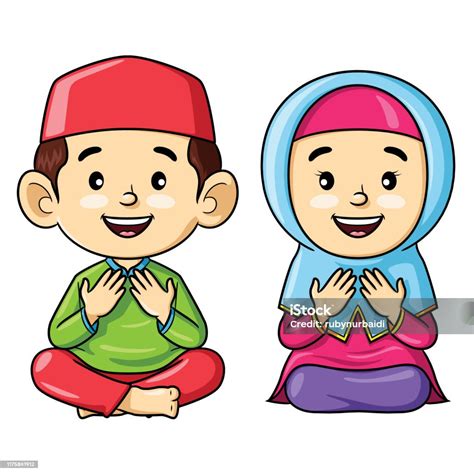 anakanak muslim kartun duduk sambil berdoa ilustrasi stok