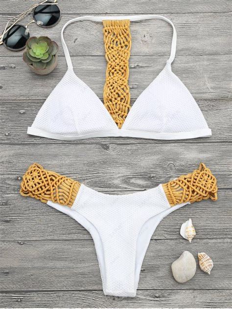 OFF Padded Macrame Fishnet Bikini Set In YELLOW ZAFUL