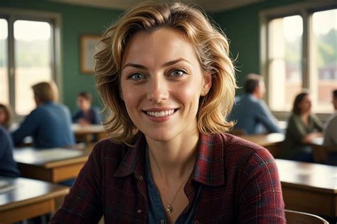 Older Mature Woman Teacher In School Classroom Premium AI Generated Image