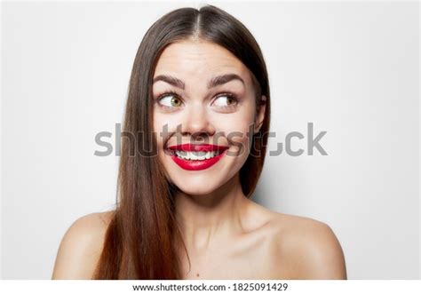 Cheerful Woman Naked Shoulders Smile Red Stock Photo 1825091429 Shutterstock