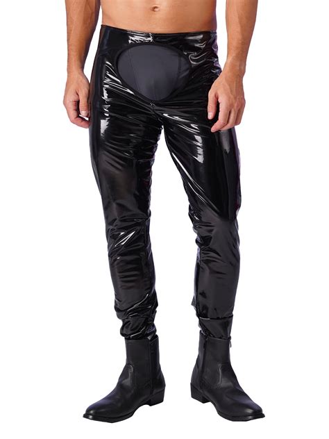 Iefiel Mens Lingerie Shiny Patent Leather Skinny Pants Open Back Tights Leggings Black Xxxl