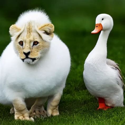 A White Duck With A Baby Lion Cub Stable Diffusion