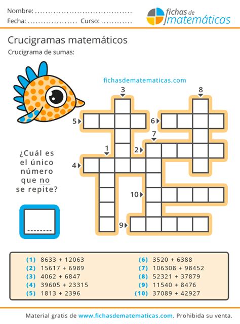 FREE Crucigrama de sumas y restas Operaciones º de Primaria