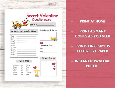 Secret Valentine Questionnaire, Construction Secret Valentine Printable for Boys, Friend Gift