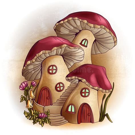 Mushroom houses fairy tale illustration. Bright mushroom houses fairy ...