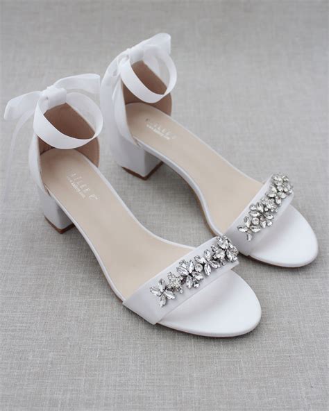 Satin Block Heel Sandals With Floral Rhinestones Wedding Shoes Heels Wedding Shoes Low Heel