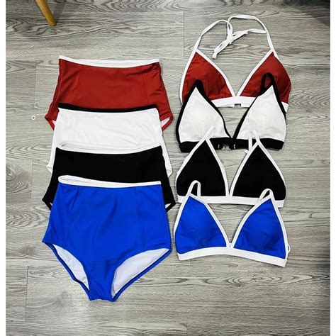 Mua Set Bikini Đồ Bơi Đi Biển Hai Mảnh Áo Tam Giác quần cạp cao Viền