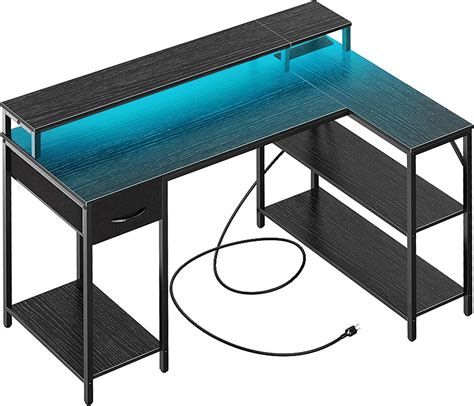 Superjare 47 Inch Reversible L Shaped Desk With Led Lights And Power