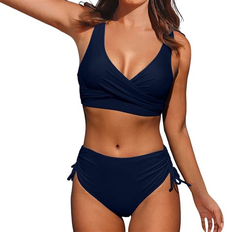 Simu Women High Waisted Bikini Push Up V Neck Sleeveless Briefs Solid Swimsuits Vintage Swimsuit
