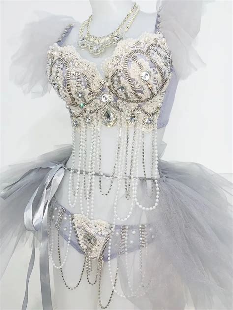 Women Sexy Nightclub Dj Ds Costumes White Gray Rhinestones Crystals Gauze Bikini Skirt Set Bar