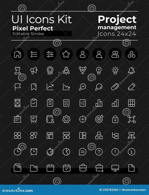 Project Management Pixel Perfect White Linear Ui Icons Kit For Dark