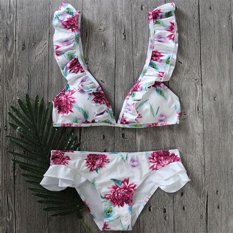 Cute Sexy Floral Flower Print Women Two Pieces Bikini Sets Ruffles Bandage Tiny Bathing Suit