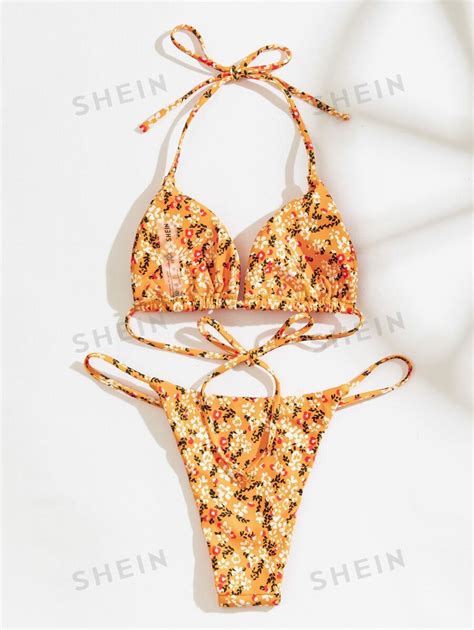 SHEIN Swim Conjunto de Maiô Bikini de Peças Brassière Triângulo e Tanga Modelo Floral