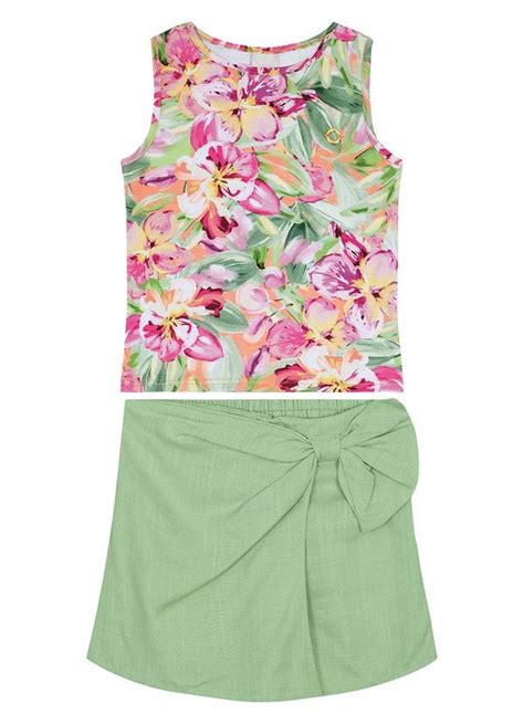 Conjunto Floral Transpassado Menina Verde Carinhoso