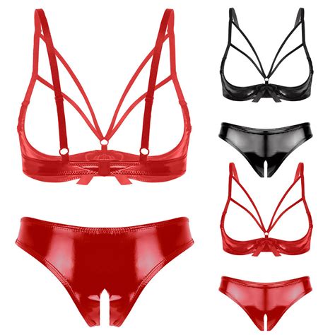 Chyoo Womens Patent Leather Lingerie Set Open Cup Bowknot Underwired Bra With Crotchless Briefs