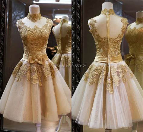 Gold Short Prom Dresses 2017 Knee Length Tulle High Neck Zipper With