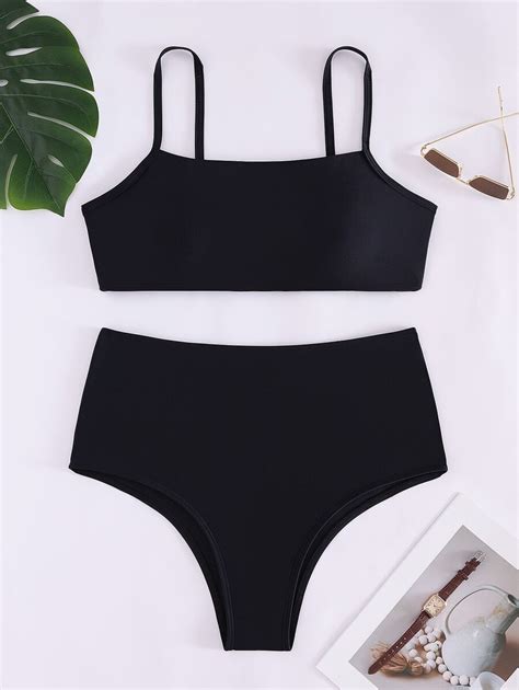 Women S Split Two Piece Swimsuit Solid Color Spaghetti Straps High Waist Sexy Bikini Shein Eur