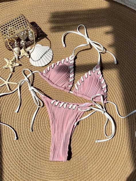 Deng 2025 Halter Wrinkled Weave Bikini Women Swimwear Female Swimsuit Two Pieces Bikini Set