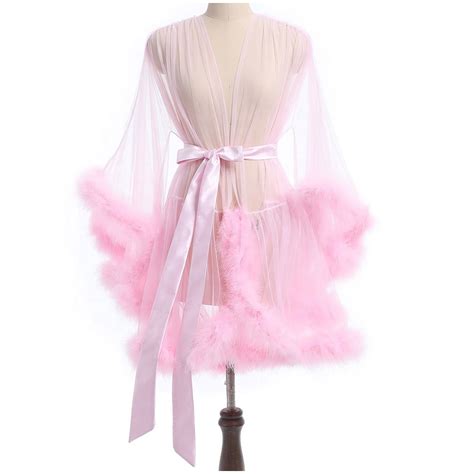 Fancifize Women Kimono Robe Sexy Sheer Mesh Furry Robe Lingerie Bridal Robes For Women Tulle