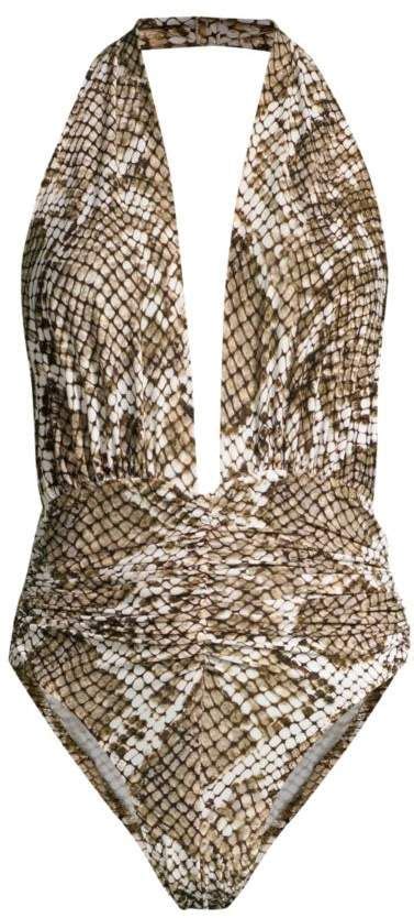 Norma Kamali Marissa Snake Print Slinky Halter One Piece Swimsuit