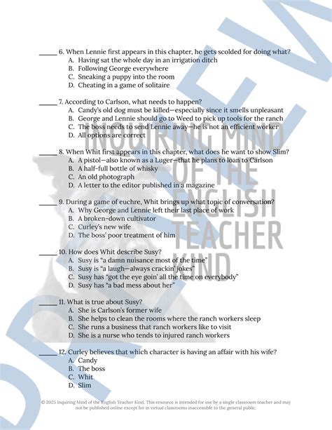 Of Mice and Men Chapter 3 Quiz and Answer Key | Reading Comprehension