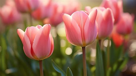 Large Portrait Of Pink Tulips In A Garden Background, Outdoor, Close Up ...