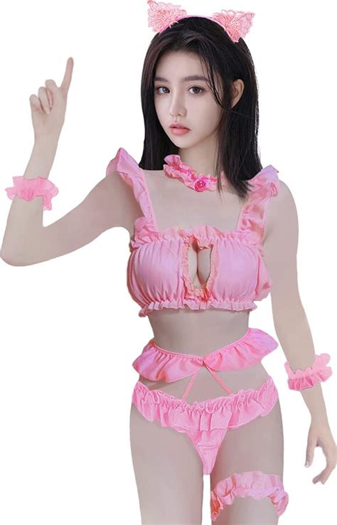 Olanstar Women S Anime Cosplay Cute Sexy Kitten Keyhole Chiffon Lace Lingerie Set Pink Shopstyle
