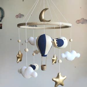 Hot Air Balloon Baby Mobile Navy Blue Nursery Decor Gender Neutral Crib Mobile Birds Cot