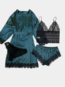 4pack Floral Lace Lingerie Set With Satin Belted Robe SHEIN EUR